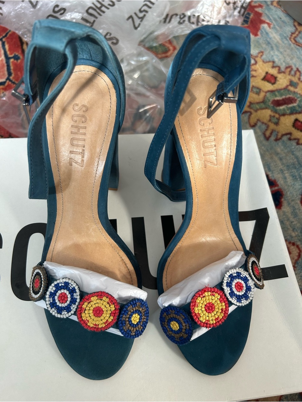 SCHUTZ teal suede ankle-strap heels with multicolor beaded medallions